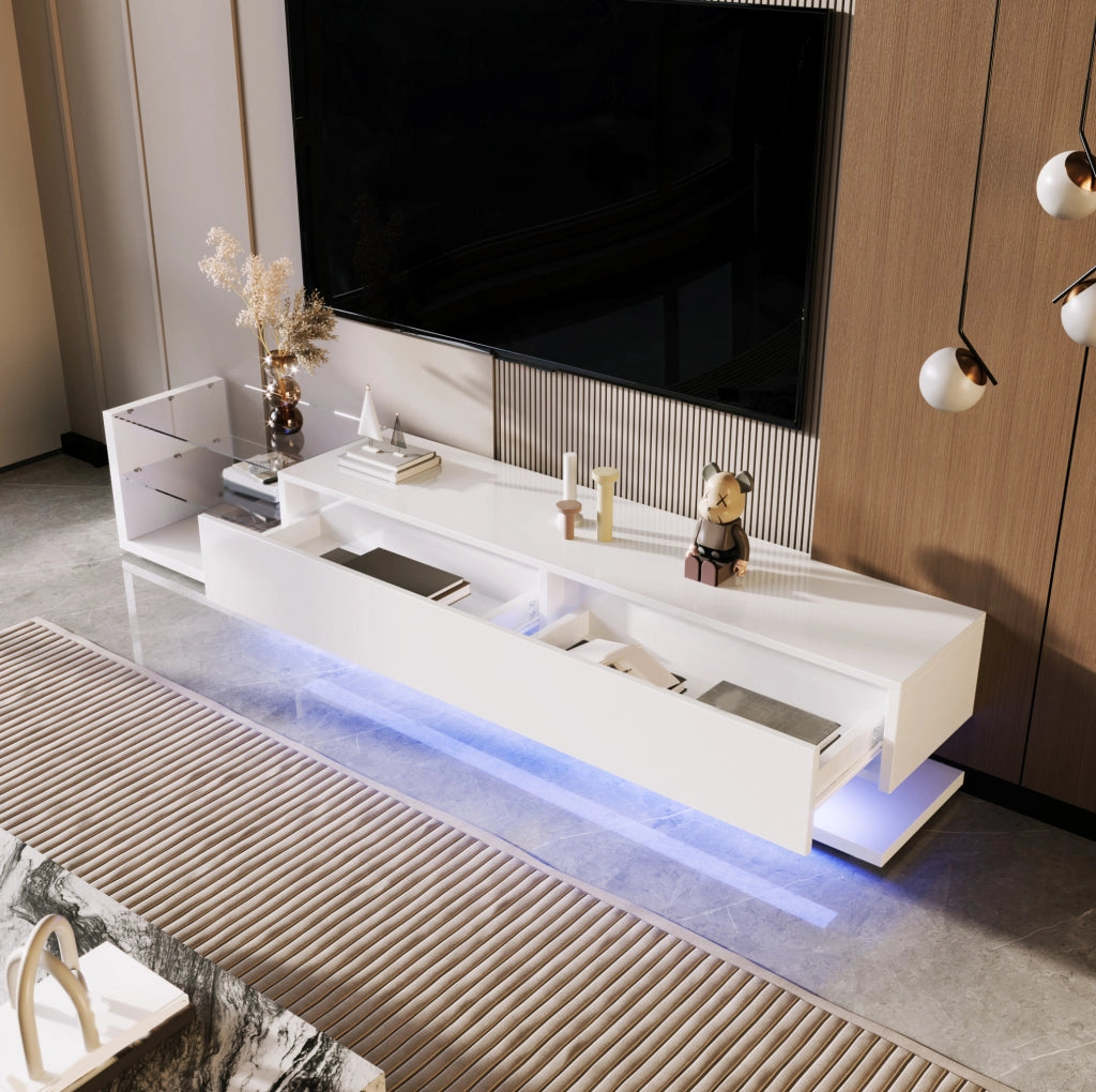 Mobile TV bianco lucido con LED regolabili e ampio spazio contenitivo, 170x38x36 cm