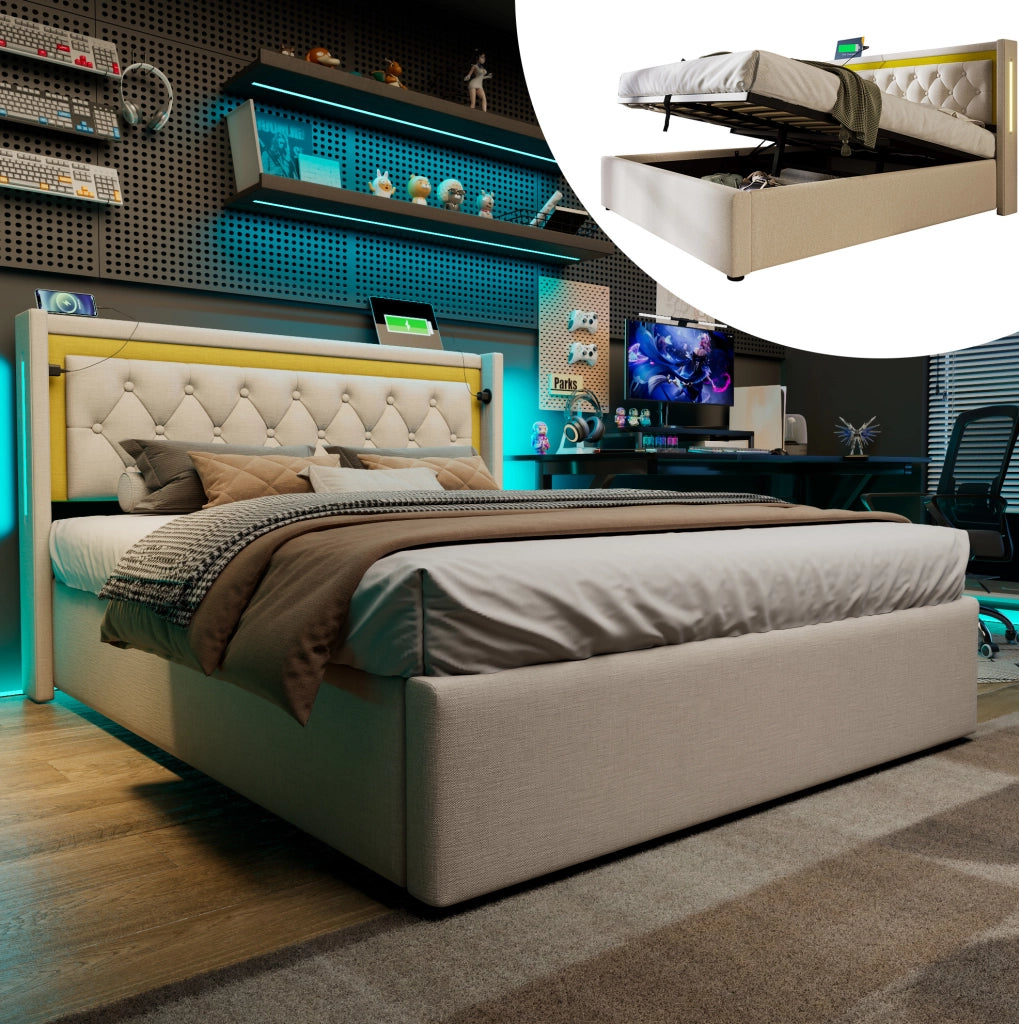 Letto matrimoniale 140x200 cm con contenitore, LED e USB-C in cotone beige