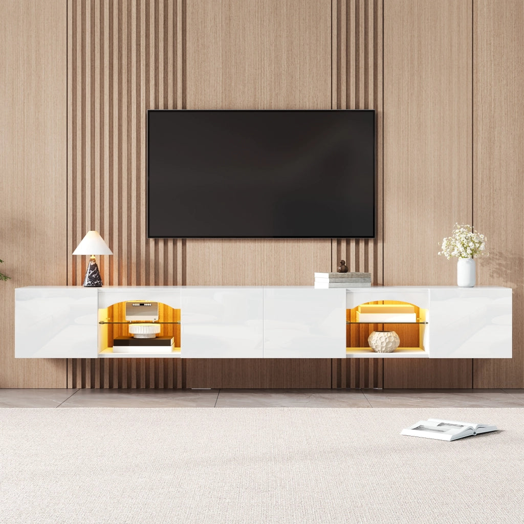 Mobile TV con 4 ante; 2 vani aperti con ripiani in vetro e LED regolabili tramite app; bianco 200 × 30 × 28 cm