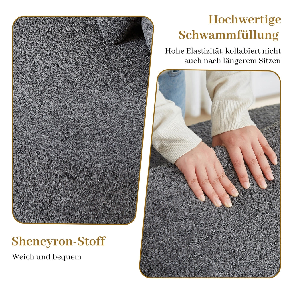Divano modulare a 2 elementi curvo in chenille grigio con schienale continuo e 6 cuscini assortiti