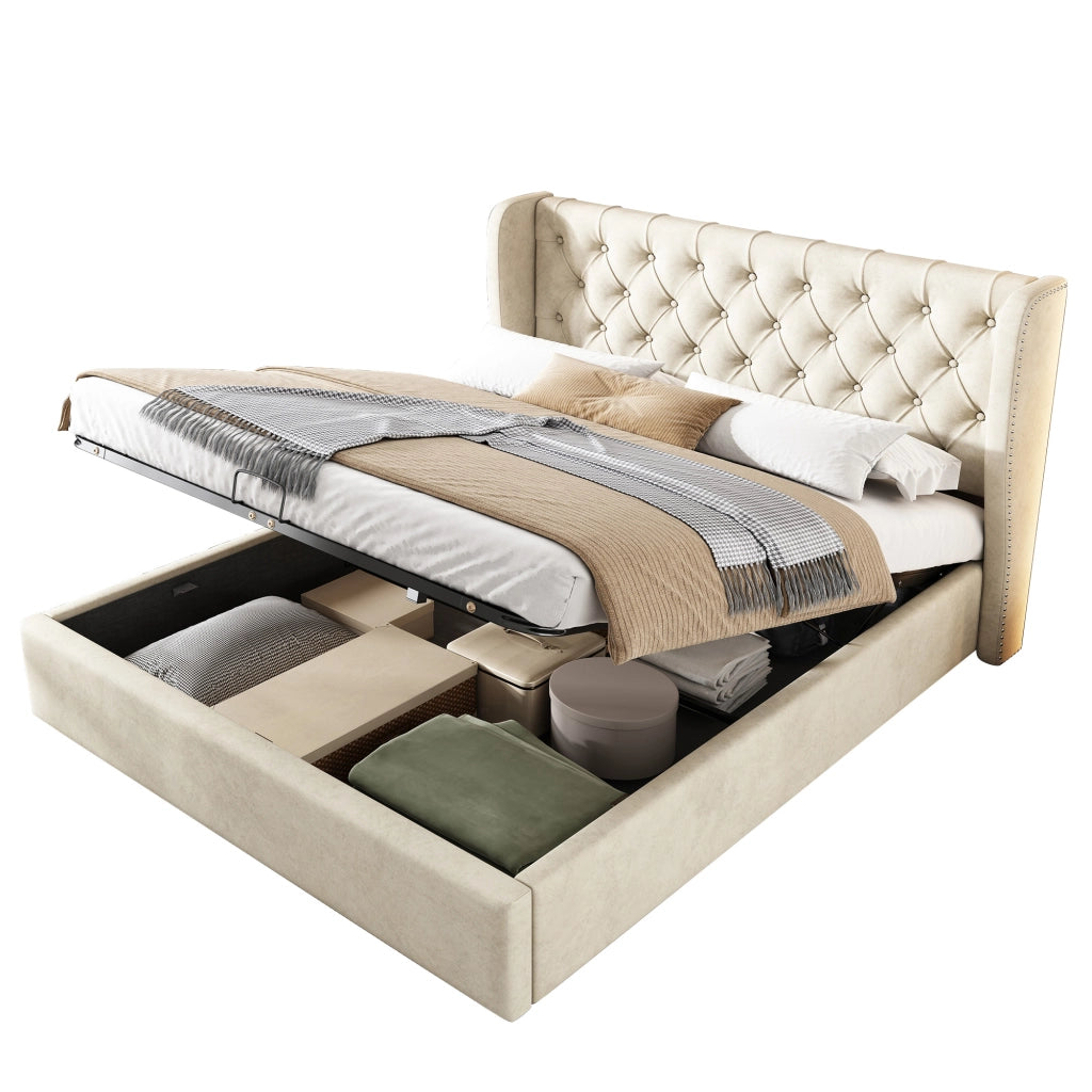Letto imbottito matrimoniale a orecchio 160x200 cm in velluto con bottoni, sollevamento idraulico, rete a doghe e contenitore - Beige
