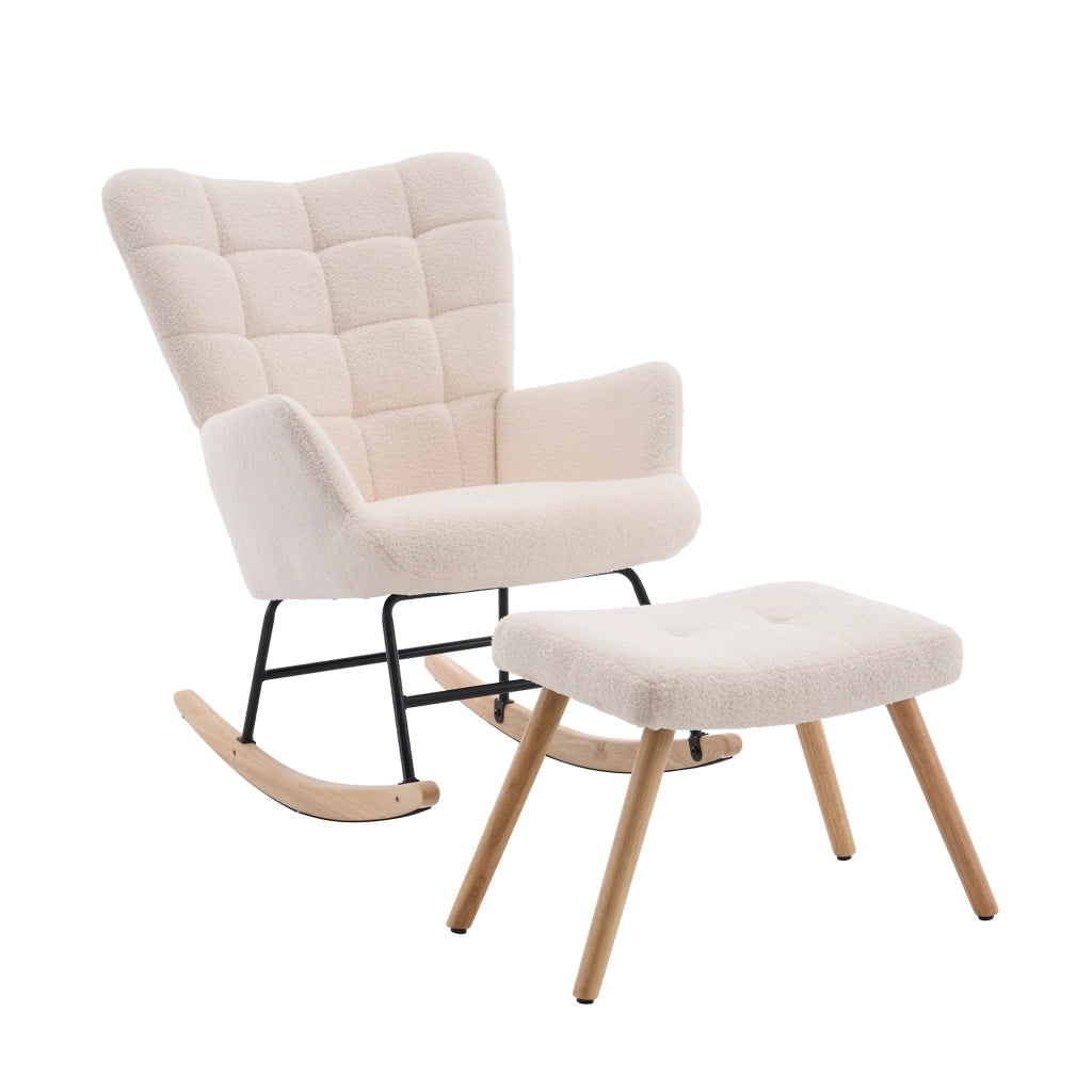 Sedia a dondolo 91x61x88 cm con poggiapiedi in lana d'agnello beige