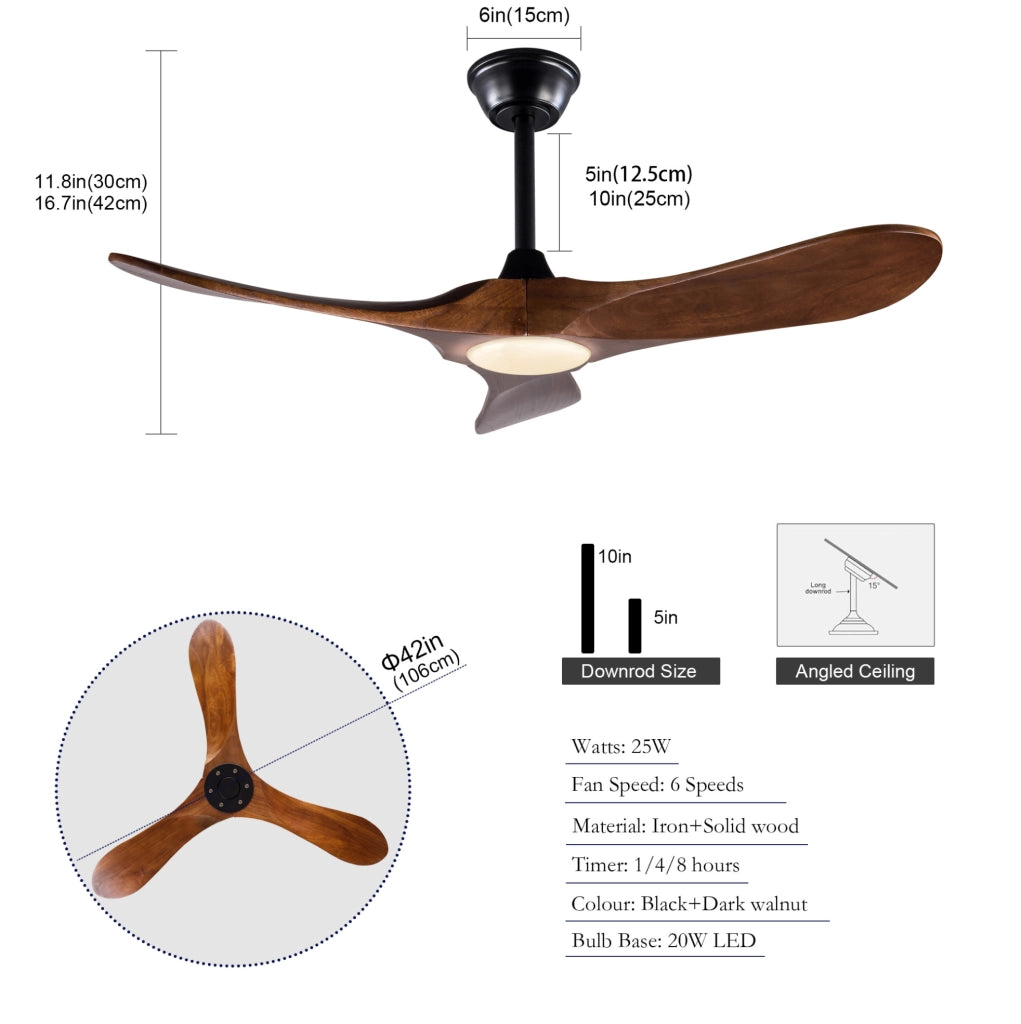 Ventilatore da soffitto YEAVIO 42" con luce LED regolabile, 3 pale in legno massello noce, motore DC silenzioso, 6 velocità reversibili