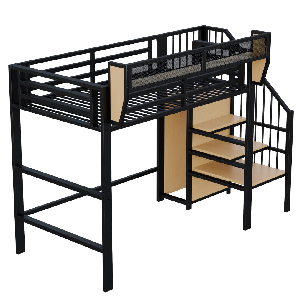 Letto a soppalco 90 × 200 cm con scala e ripiano regolabile in MDF e metallo nero spazio libero 140 cm portata 120 kg