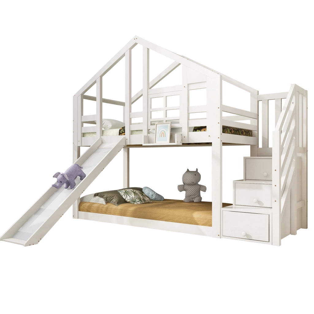 Letto a castello 90x200 cm bianco con profilo a casetta; scivolo; 2 reti