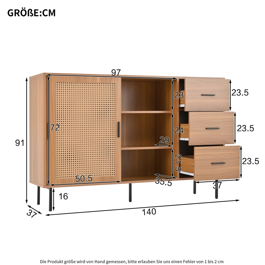 Credenza 140x37x91 cm con 2 ante scorrevoli in rattan e 3 cassetti naturale