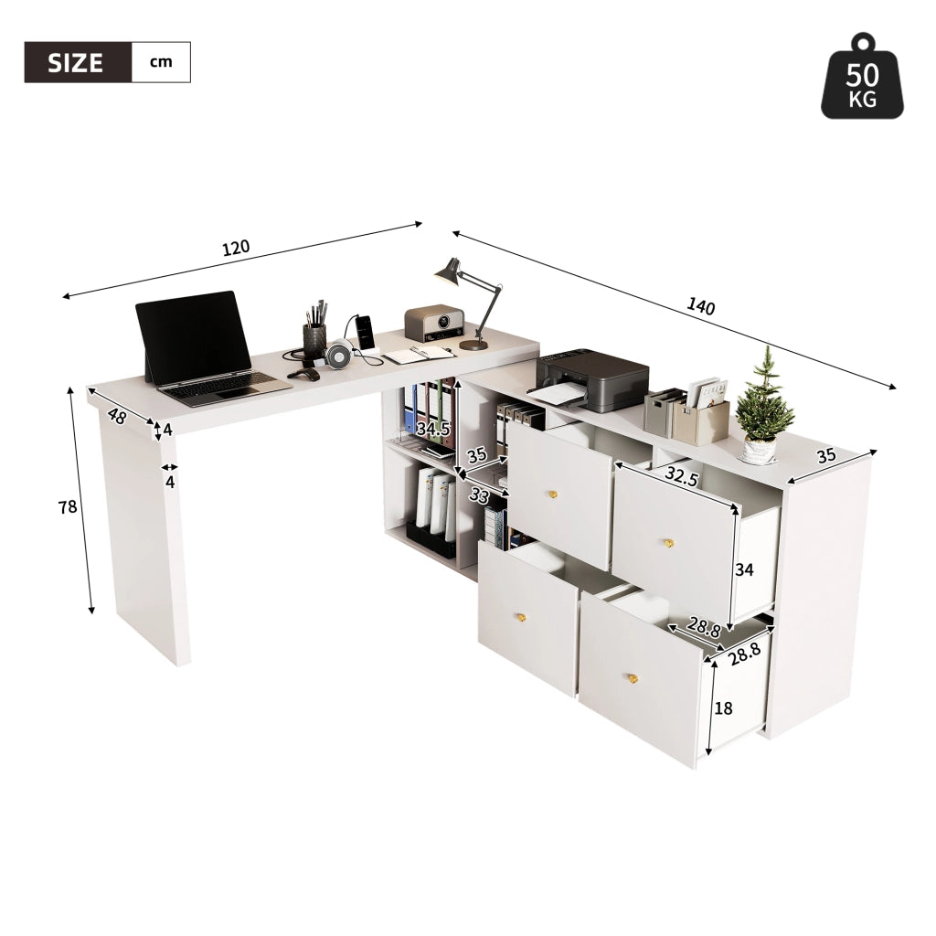 Scrivania angolare girevole sicura con 4 cassetti e 4 vani, piano a 360° per studio e home office, MDF bianco