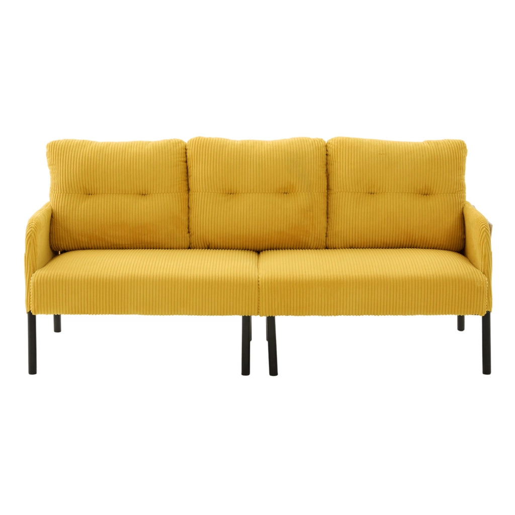 Divano 3 posti in tessuto a coste con schienale alto, tasche laterali e gambe in metallo, dimensioni 171x72x80 cm