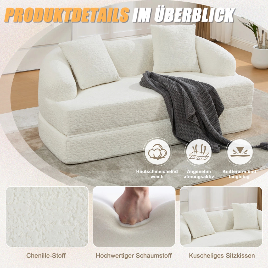 Divano letto 2 posti pieghevole con funzione letto e doppio schienale ergonomico in ciniglia beige 157×84×65 cm