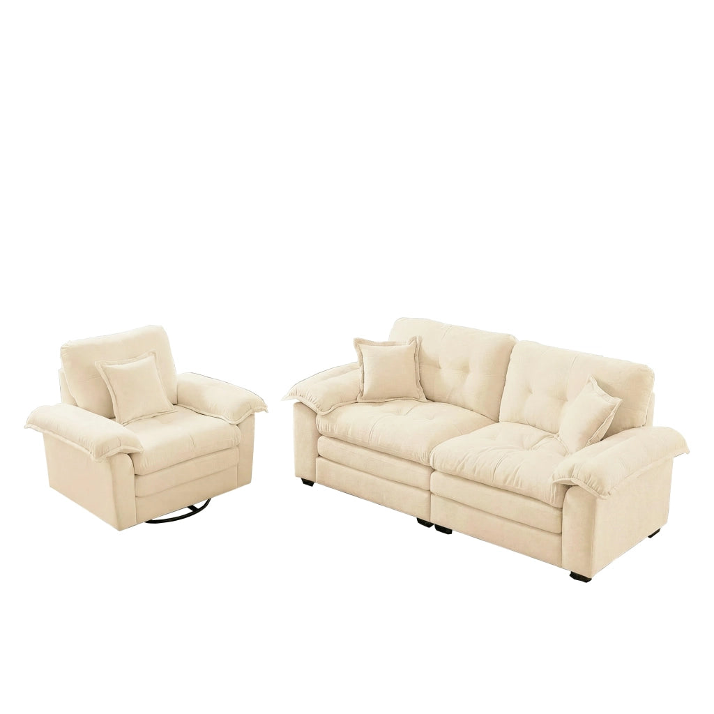 Divano a 2 posti in ciniglia con cuscini e seduta profonda, memory foam, Beige