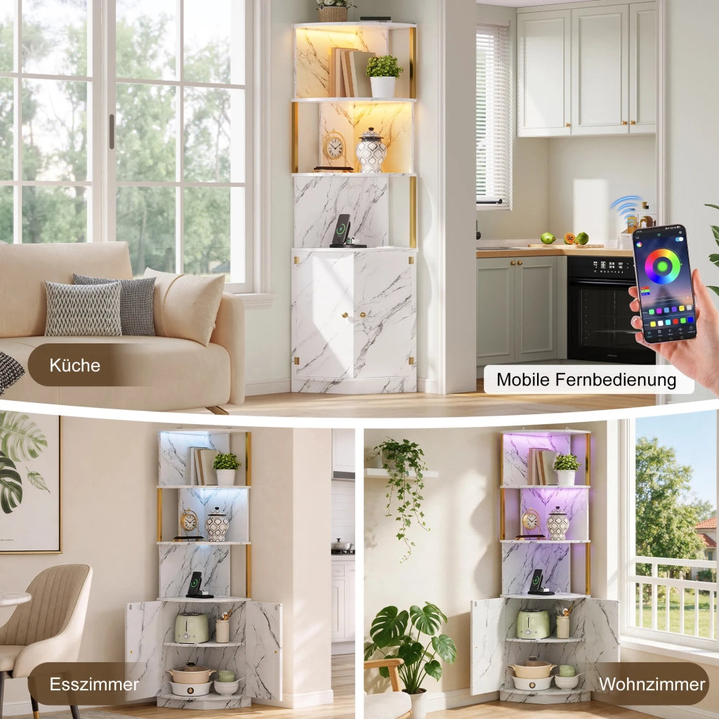 Armadio angolare 38x38x180 cm con illuminazione LED e prese, mobile contenitore a 2 ante per cucina, sala da pranzo e soggiorno