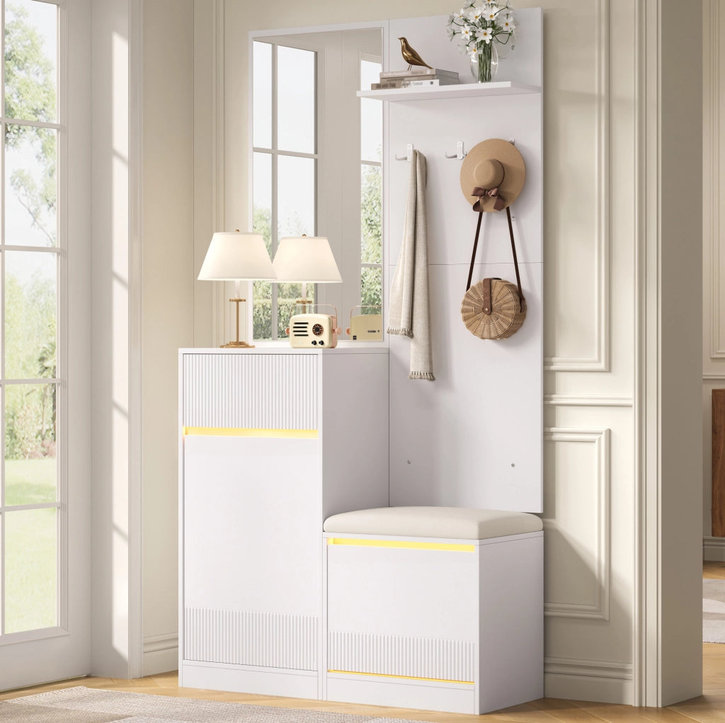 Guardaroba da ingresso 105x38x190 cm con scarpiera, specchio e LED in MDF bianco