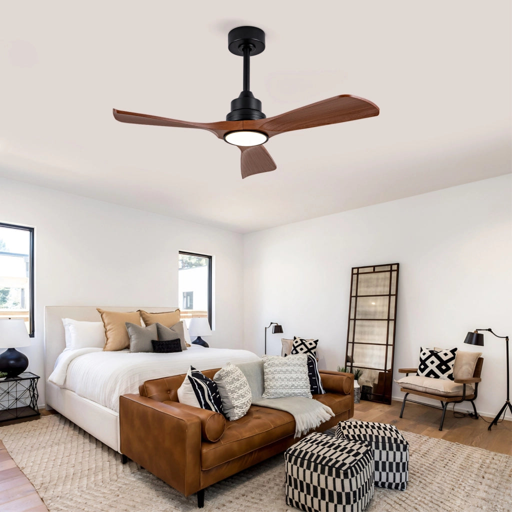 Ventilatore da soffitto con luce LED e motore DC reversibile nero e noce scuro HAVRYA