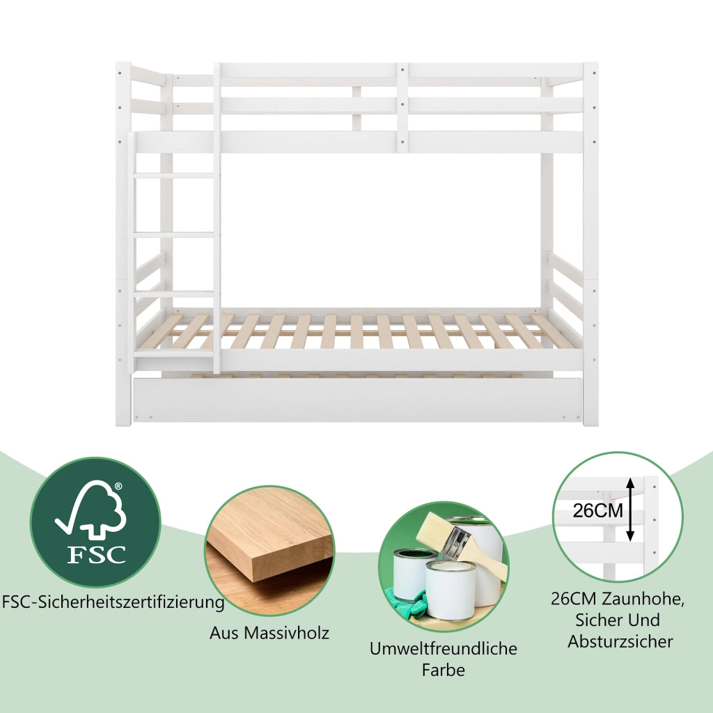 Letto a castello 140×200 cm 3 posti con letto estraibile e scala; senza materasso; in pino; bianco
