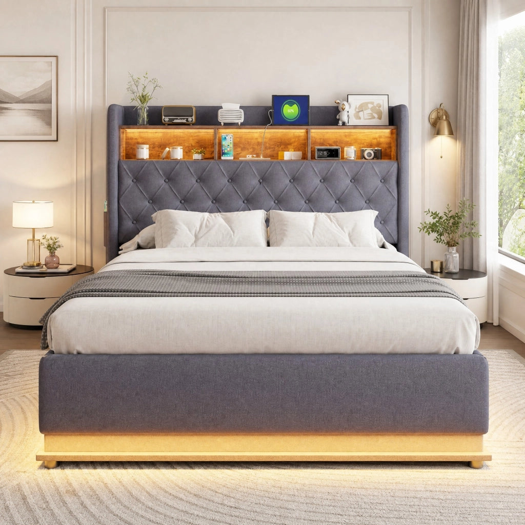 Letto imbottito LED con contenitore idraulico e porta USB 160x200 cm; grigio