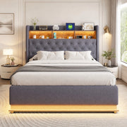Letto imbottito LED con contenitore idraulico e porta USB 160x200 cm; grigio