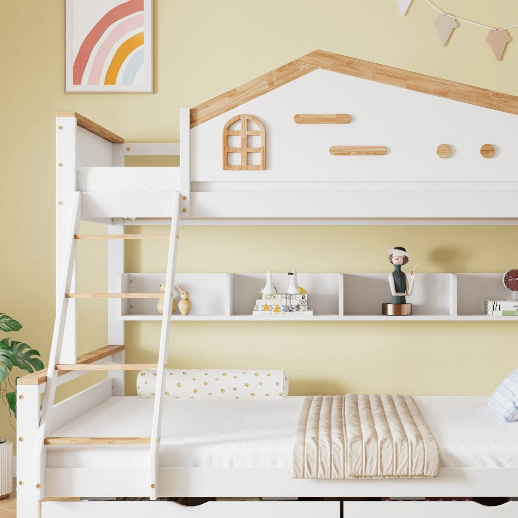Letto a castello 90x200 e 140x200 cm con 2 cassetti; finestre e scaffali; bianco e naturale