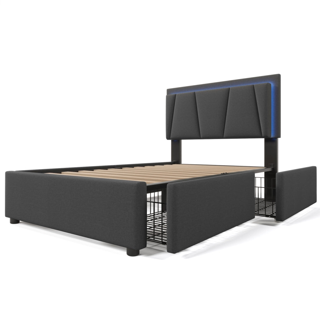 Letto singolo imbottito 90 × 200 cm con LED telecomando due cassetti testiera regolabile grigio