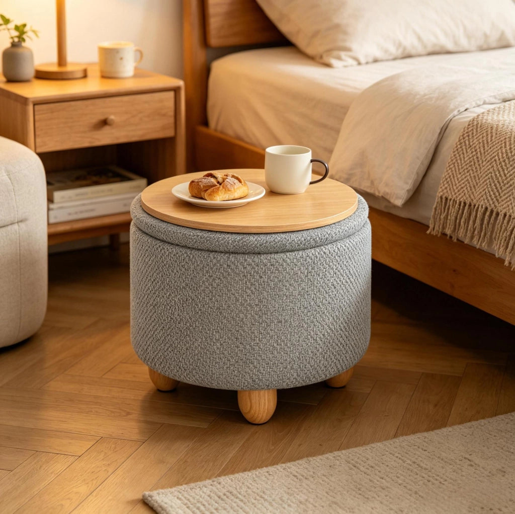 Ottomane contenitore tonda in lino grezzo grigio chiaro con struttura in MDF e gambe in pino, 39x39x33 cm, 21,5 L