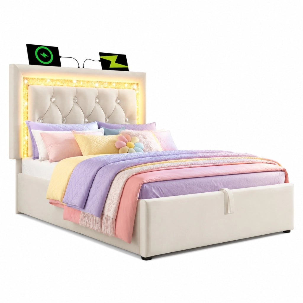 Letto 90x200 cm in velluto beige con LED, USB, Type-C e contenitore idraulico