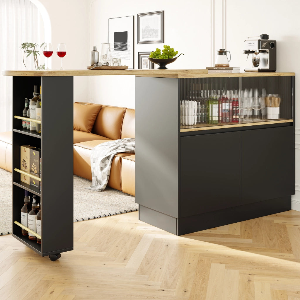 Mobile bar girevole a 360 gradi con porta scorrevole in vetro ripiani cassetti e vani chiusi in MDF nero