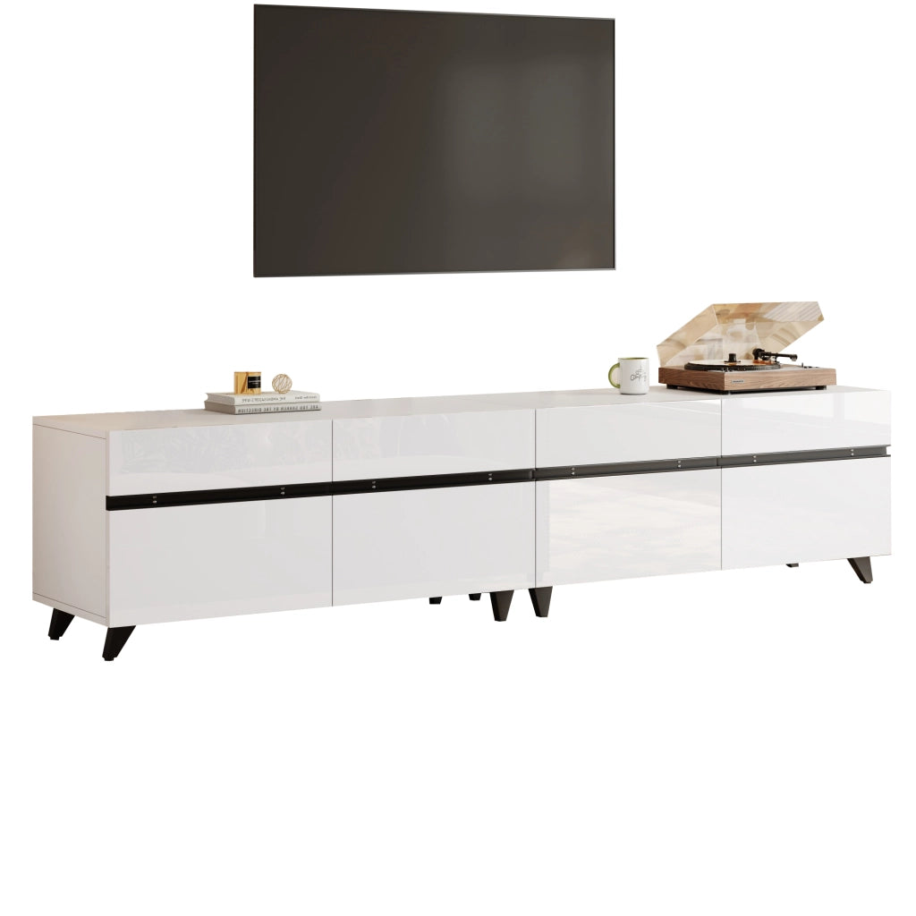 Mobile TV 180x40x49 cm con 4 ante e ripiani regolabili in MDF; bianco con linee nere
