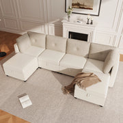 Divano modulare a U 6 posti con contenitore e cuscini, in velluto e cordino Beige