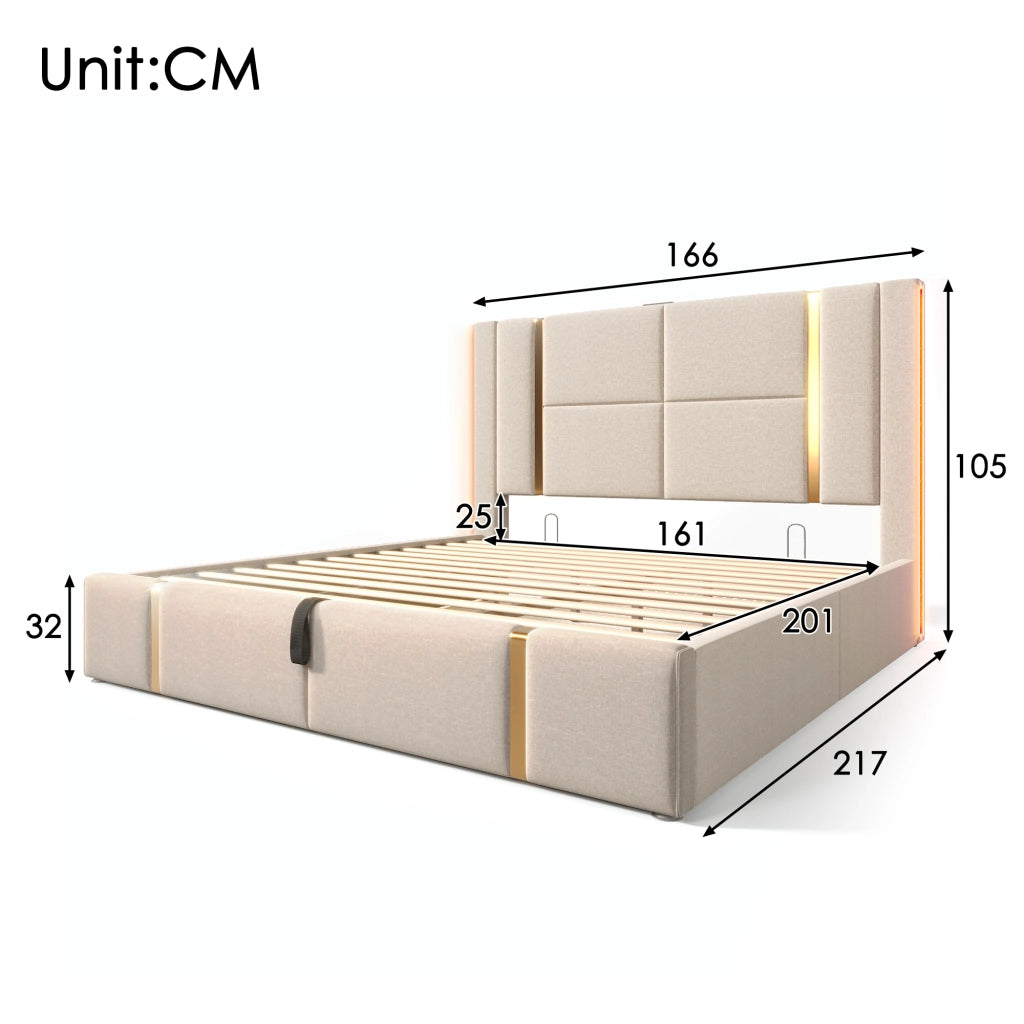 Letto Contenitore 160x200 cm; Letto Matrimoniale - USB; Type-C; LED - in Lino Beige