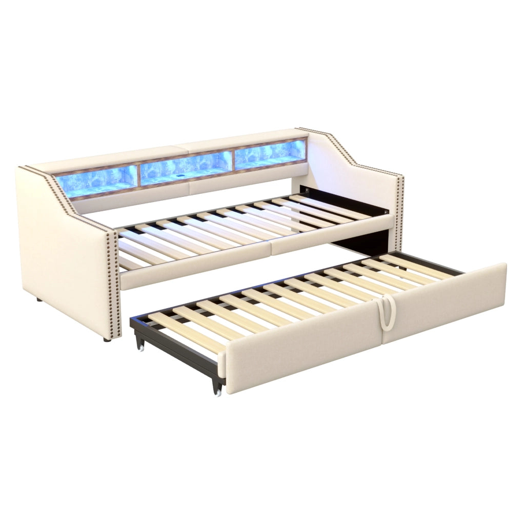 Divano letto estraibile 90/180x200 cm con LED, USB e ripiani in tessuto beige