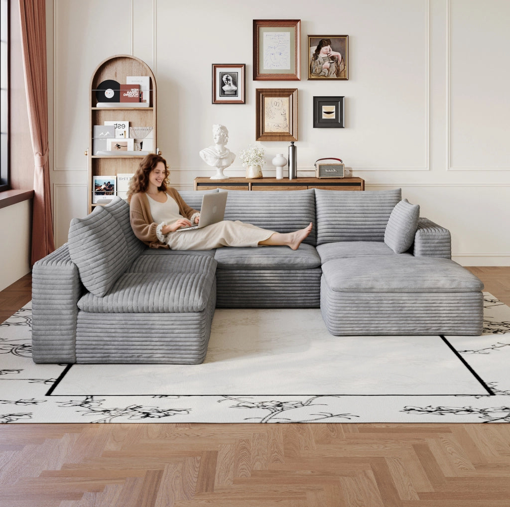 Divano modulare in tessuto di velluto a coste grigio scuro 260x250 cm con imbottitura sfoderabile e design a doppio strato