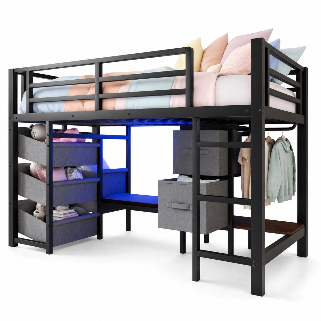 Letto a mezza altezza 90x200 cm con LED multicolore e contenitori in metallo nero