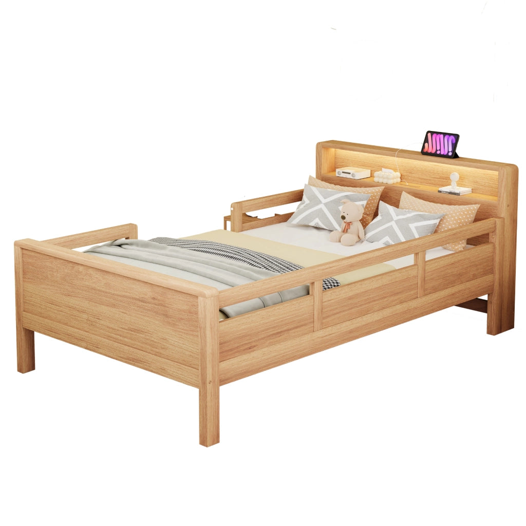 Letto per bambini multifunzione 90 × 200 cm in legno di pino con luce LED ricarica USB e Tape-C ripiano