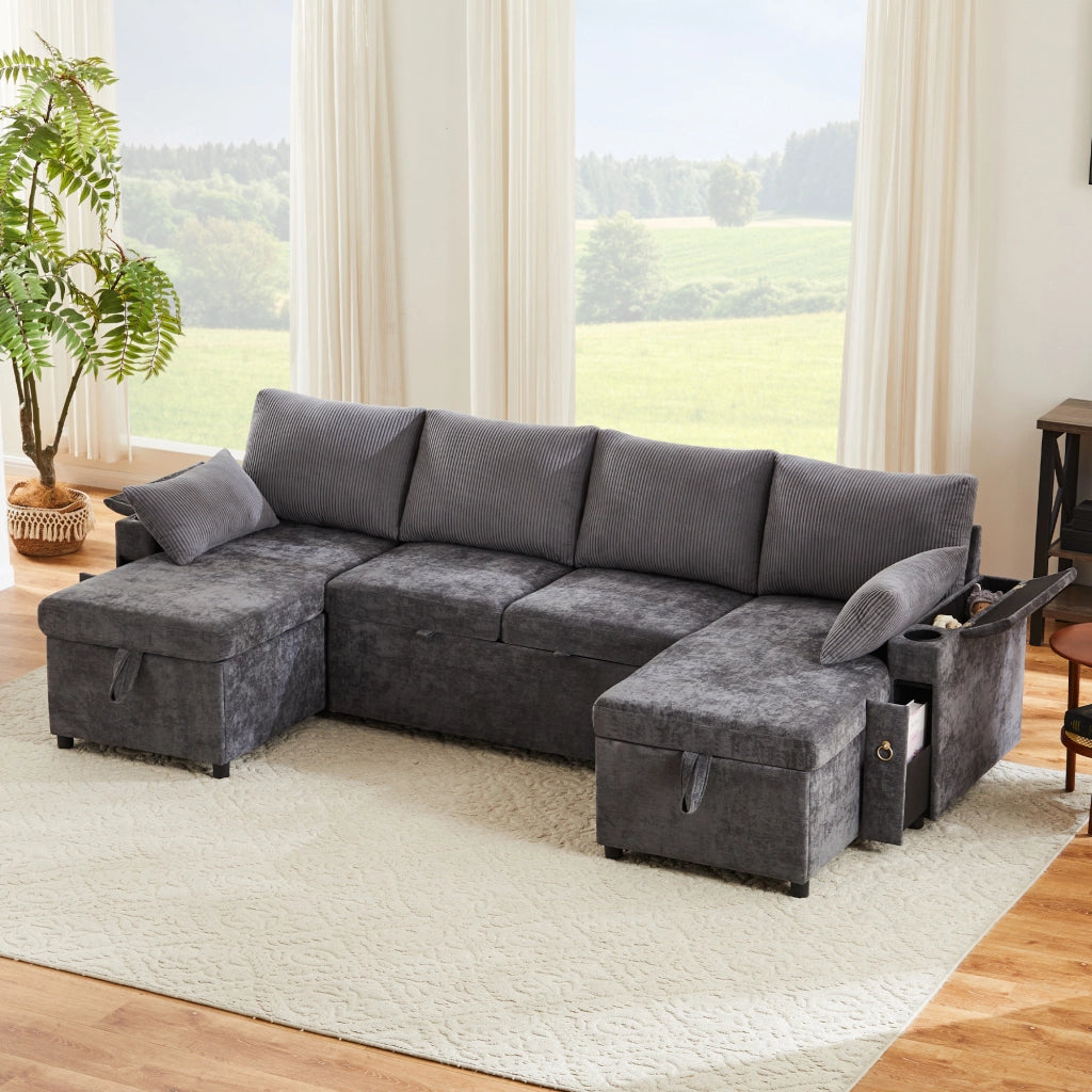 Divano letto modulare a U 4 posti con portabicchieri e contenitore; grigio