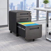 Cassettiera da scrivania 3 cassetti con serratura e ruote; per file A4. metallo nero marrone 53.5 × 47.0 × 62.7 cm