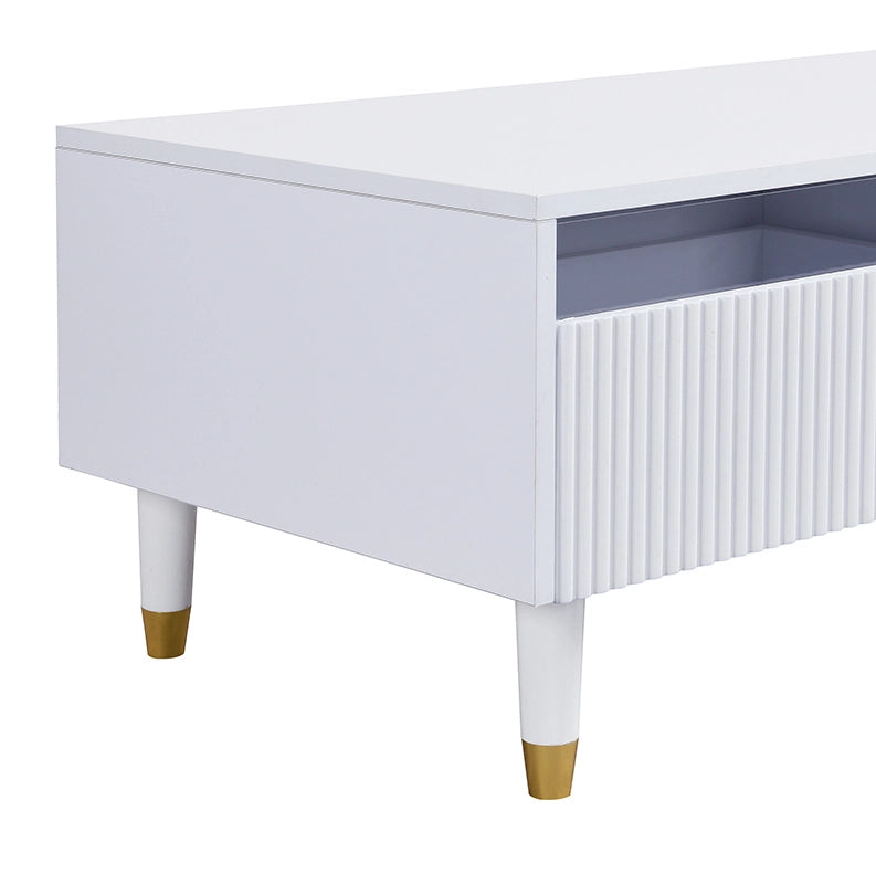 Tavolino da salotto moderno con illuminazione LED colorata, doppio cassetto e gambe in legno bianco e oro 110x50x40 cm