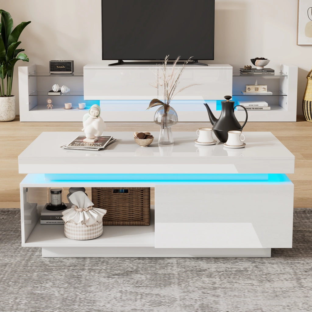 Tavolino da salotto con LED e cassetto portata 50 kg in pannello di particelle bianco lucido 100 × 50 × 40.3 cm