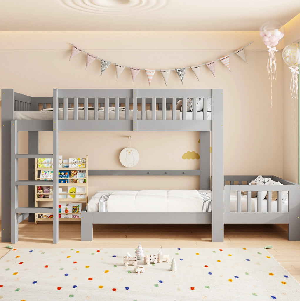 Letto a castello modulare in legno massiccio per bambini 90x200 cm, set con letto singolo, varie configurazioni, protezione anticaduta, spigoli arrotondati, colore grigio