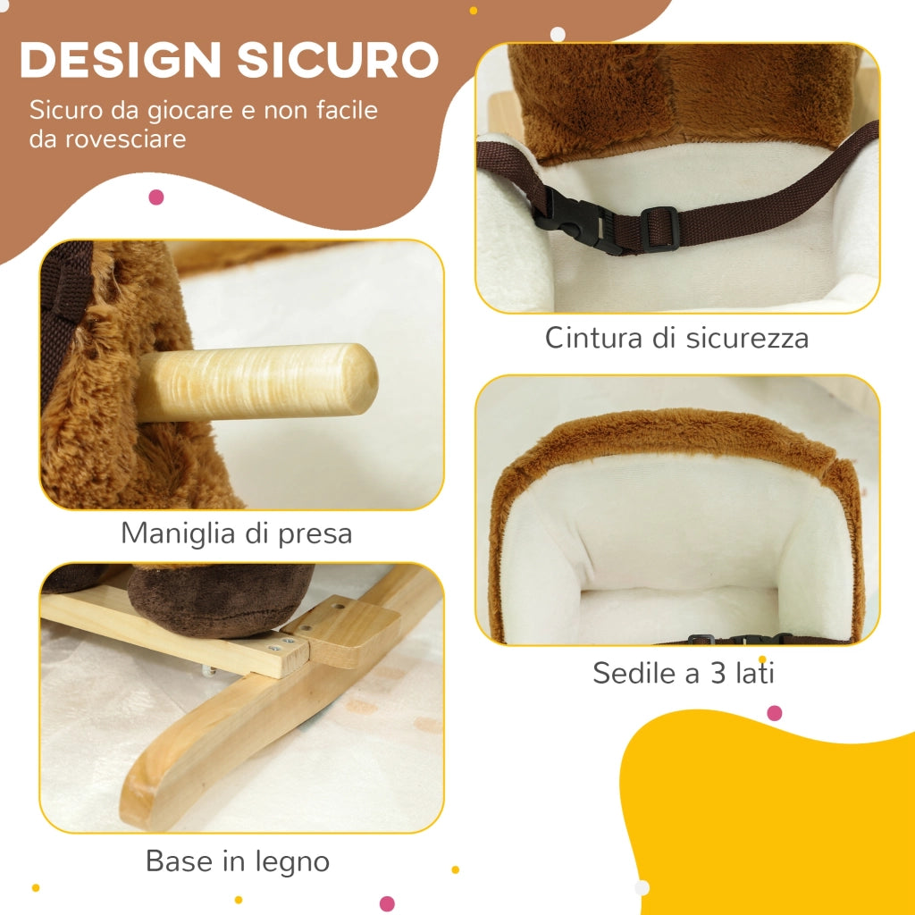 Cavallo a Dondolo per Bambini 18-36 Mesi con Suoni, Base in Legno e Cintura di Sicurezza, Marrone