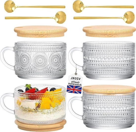 Tazze da Caffè in Vetro Vetriato con Lidi in Bamboo e Cucchiai - Tazze Latte in Vetro Chiara con Incisione