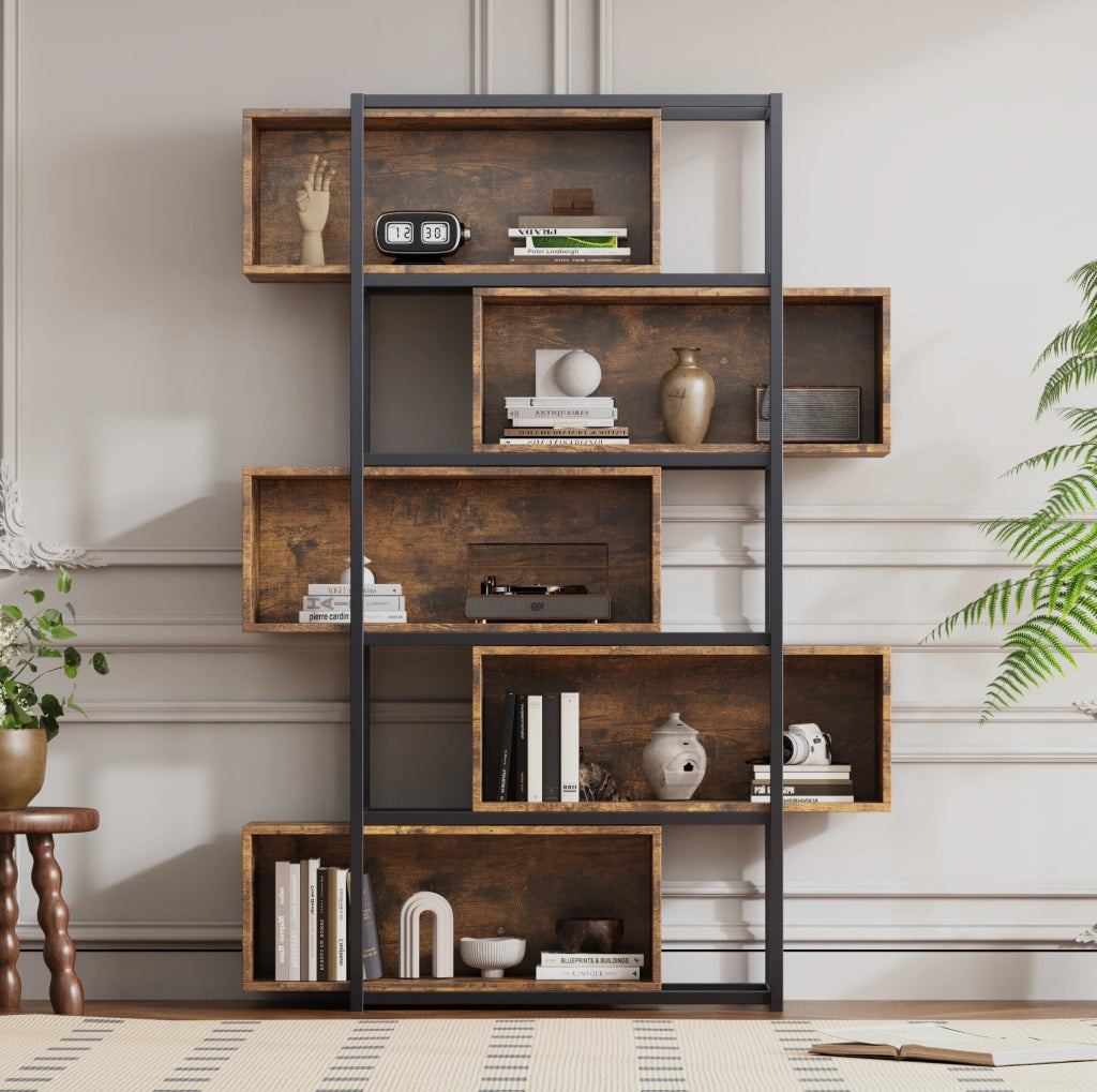 Libreria a 5 Ripiani con Mensole in Effetto Legno Marrone e Struttura in Tubo d'Acciaio Nero