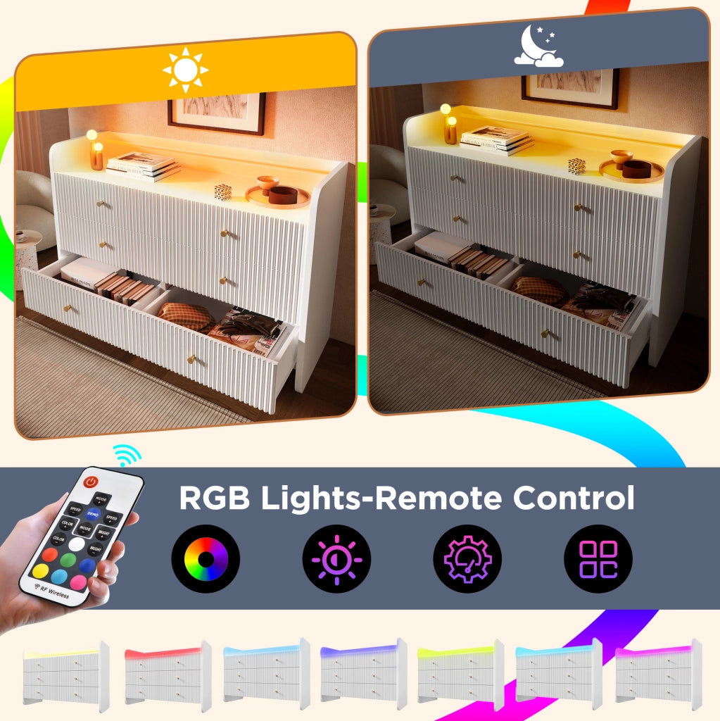 Credenza ULEVR 120x40x75 cm con LED, vano aperto e 6 cassetti, bianca
