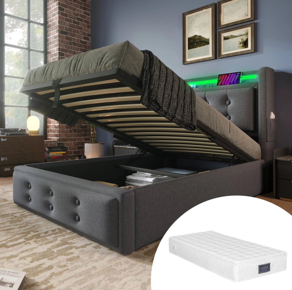 Letto imbottito 90x200 cm con LED; prese USB e Type-C; contenitore; cotone e lino; grigio