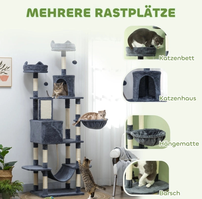 Tiragraffi per gatti 206 cm con cucce e amache grigio scuro