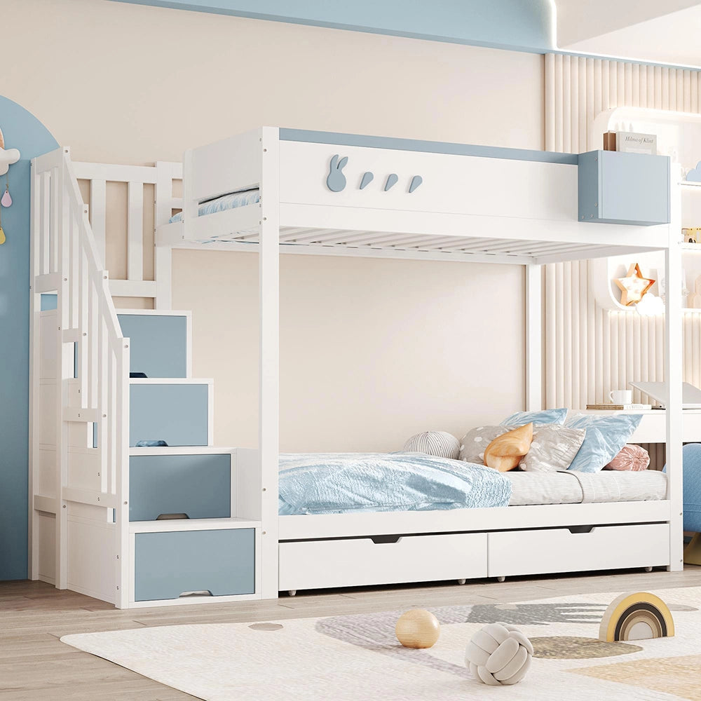 Letto a castello-Xylo-90x200cm, motivo conigli, cassetti, bianco+blu