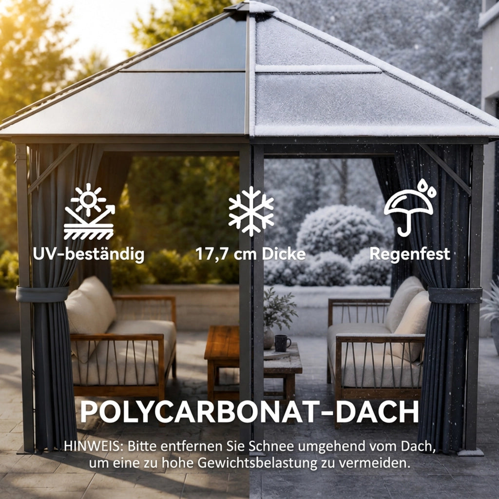 Gazebo da giardino 3 x 3 m con tetto in policarbonato, struttura in alluminio grigio scuro e tende con zanzariera, resistente e pratico