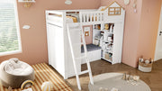 Letto a soppalco per bambini 90 × 200 cm con armadio scaffali panca contenitore in legno bianco e naturale