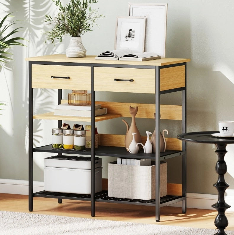 Credenza in legno naturale con 2 cassetti e 3 ripiani aperti 90x40x91 cm, stile industriale