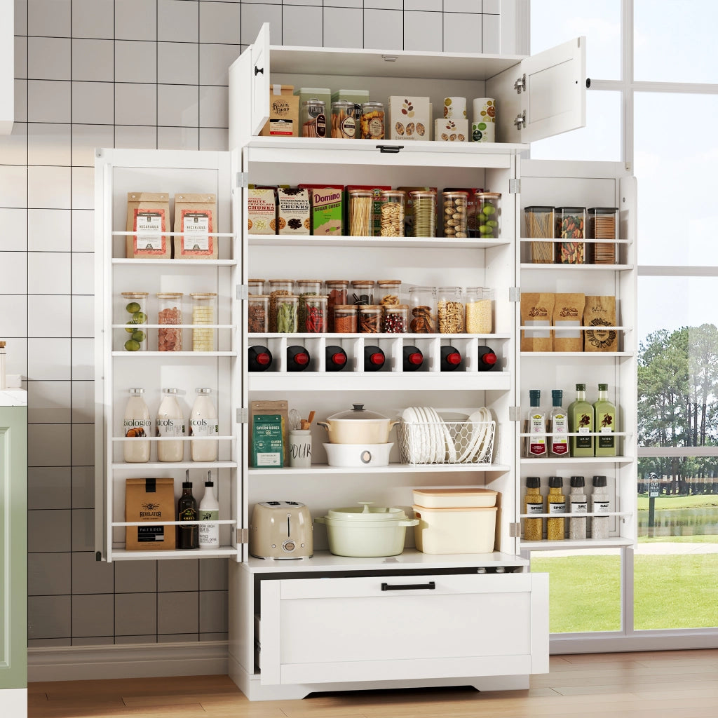 Credenza cucina freestanding 80x40x180 cm con cassetto, ripiani regolabili e portabottiglie, bianca