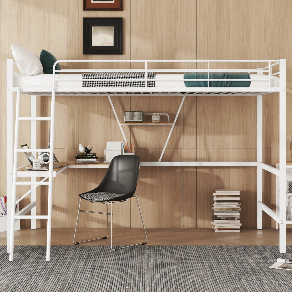 Letto a soppalco 90 × 200 cm con scrivania a L e scaffale in metallo e MDF bianco
