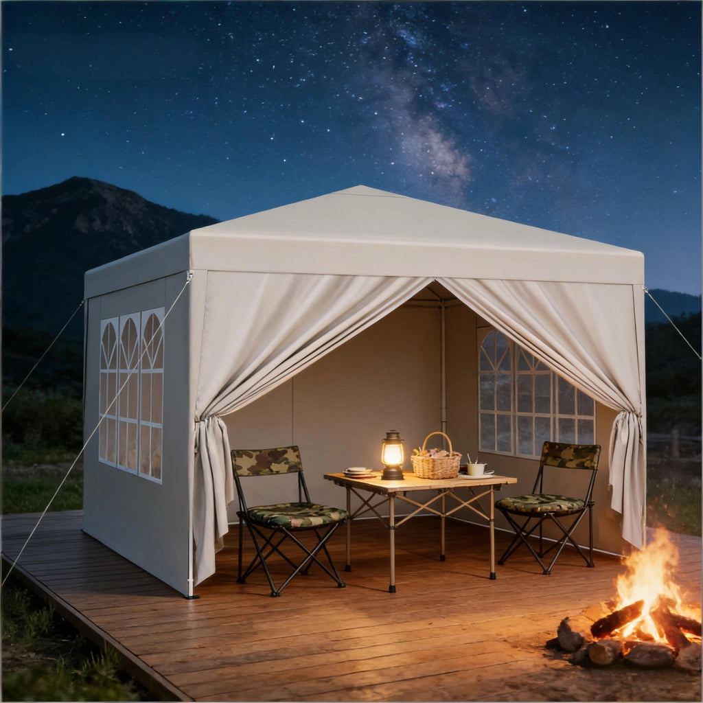 Gazebo pieghevole 3 × 3 m impermeabile con tetto Oxford 210D beige altezza regolabile e pareti laterali